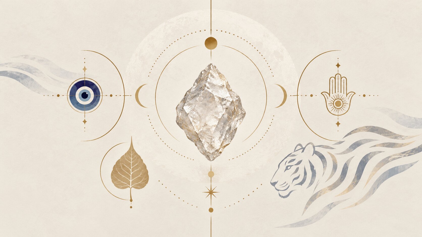 Abstract protective jewelry graphic with a raw diamond surrounded by an evil eye, Hamsa hand, Bodhi leaf, and White Tiger symbols.