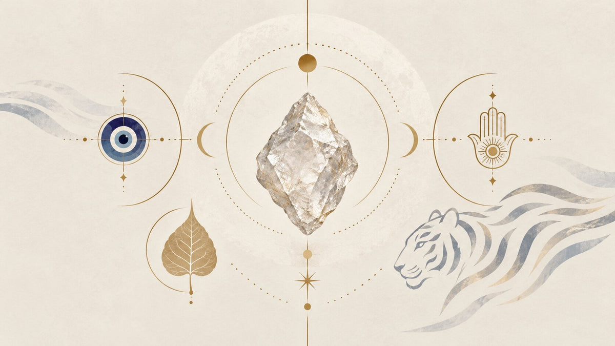 Abstract protective jewelry graphic with a raw diamond surrounded by an evil eye, Hamsa hand, Bodhi leaf, and White Tiger symbols.