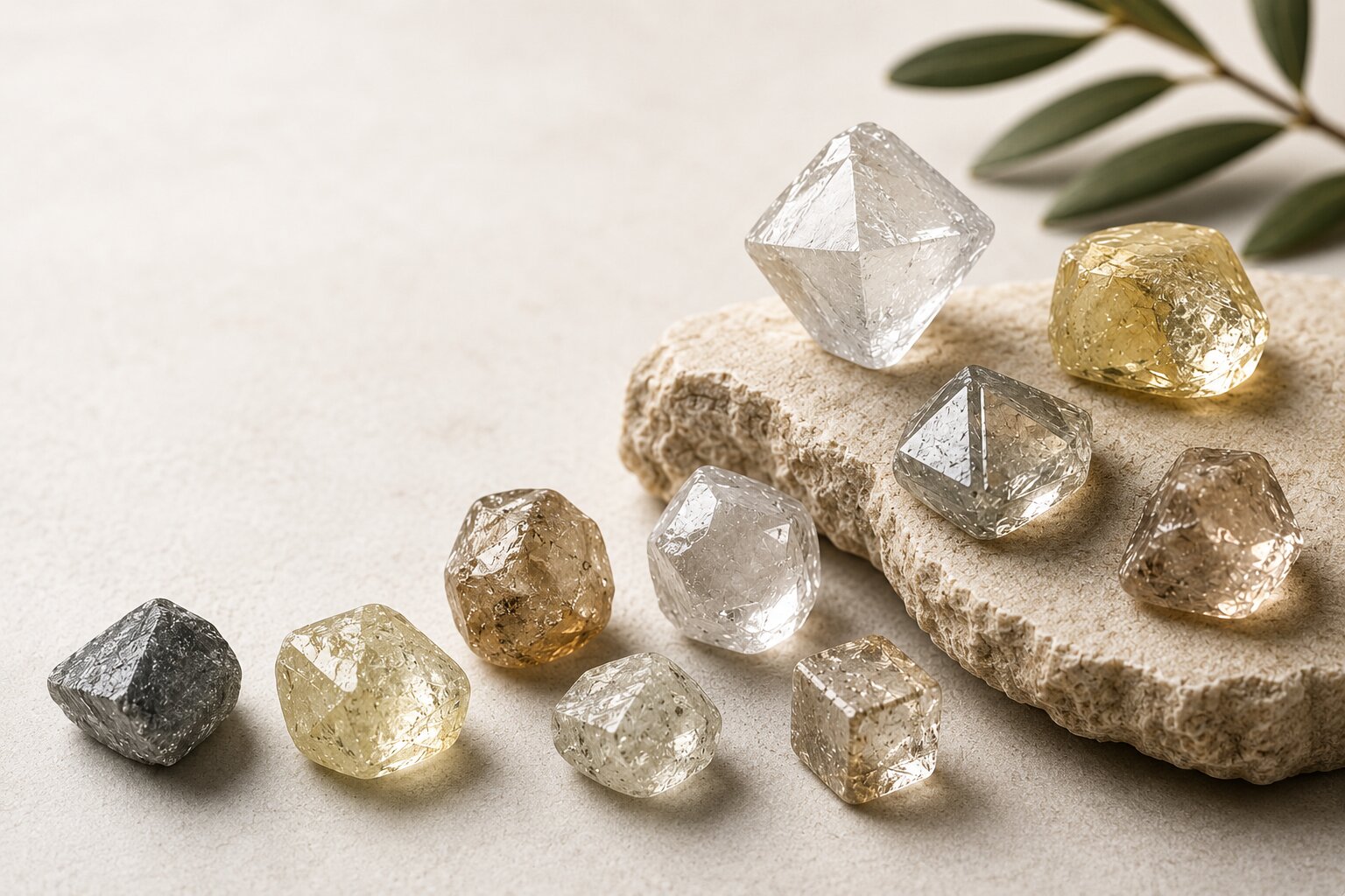Assorted raw diamonds in natural shapes and colors displayed on a pale stone surface.