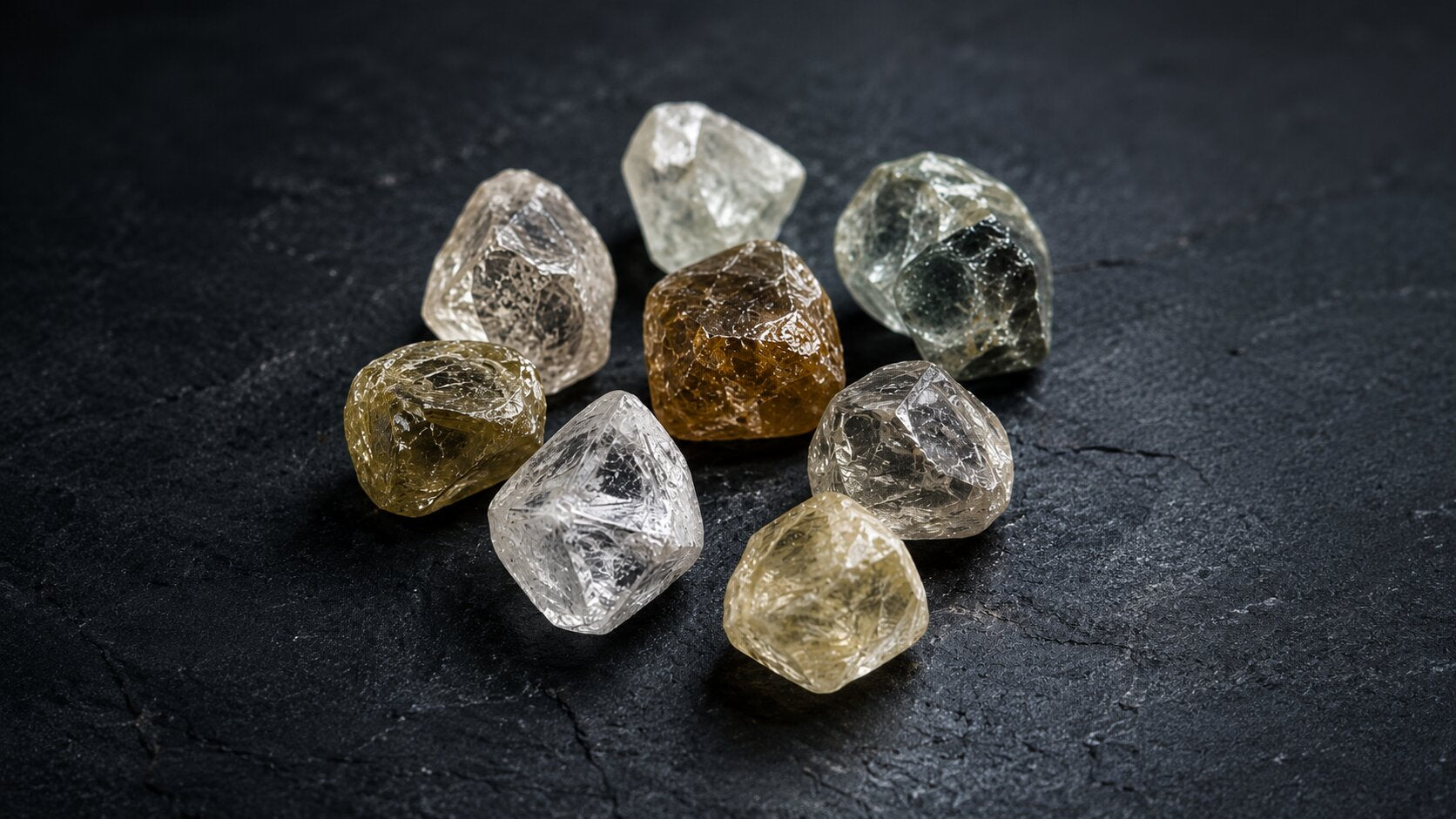 Assorted raw diamonds in clear, yellow, brown, and grey tones arranged on a dark textured surface.