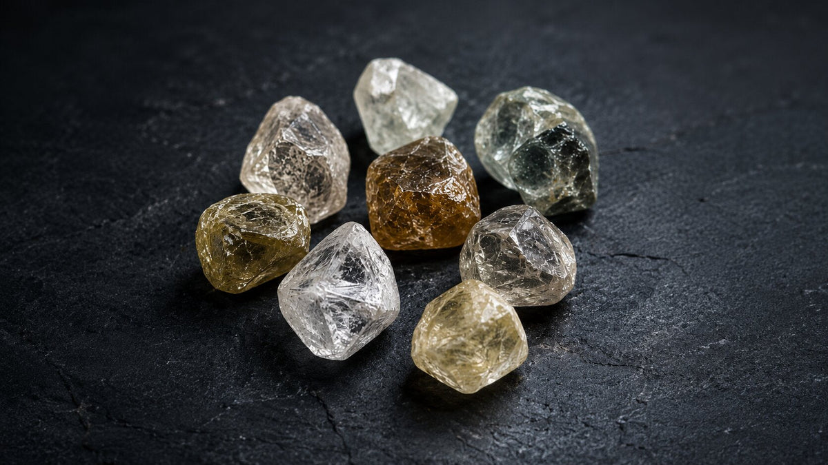 Assorted raw diamonds in clear, yellow, brown, and grey tones arranged on a dark textured surface.