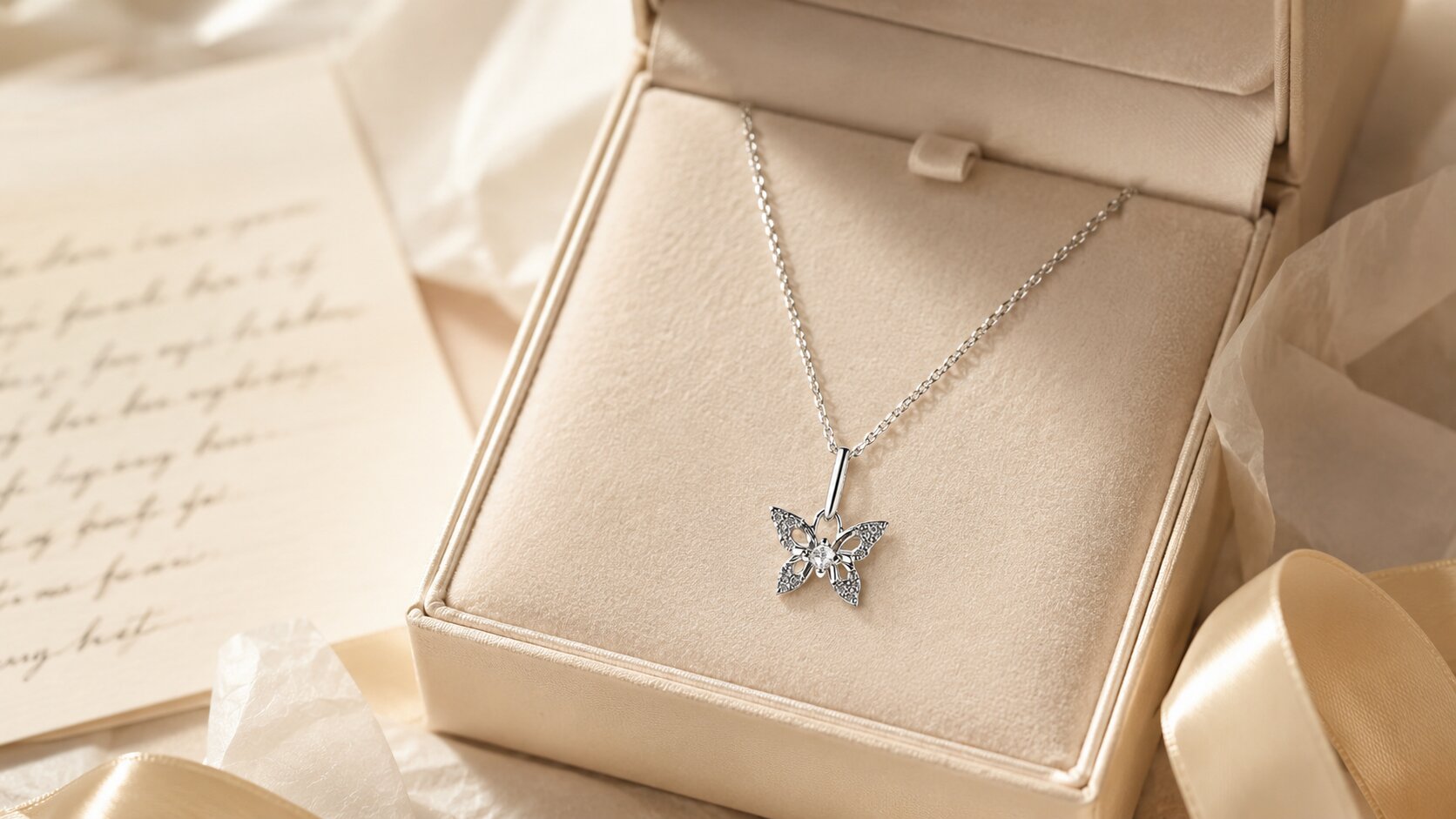 butterfly diamond necklace displayed in an open cream gift box with a softly blurred handwritten note and ribbon in the background.