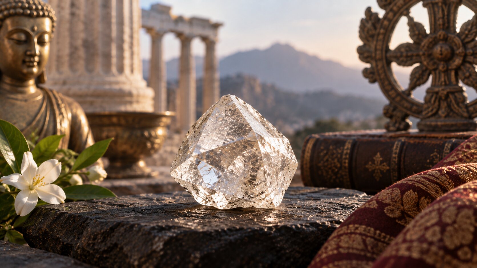 Raw diamond surrounded by cultural and spiritual symbols representing beliefs about diamonds across different traditions.