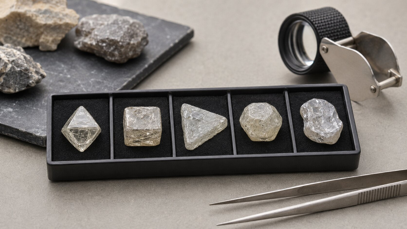 Rough diamonds in five natural crystal shapes displayed in a gemologist’s specimen tray.