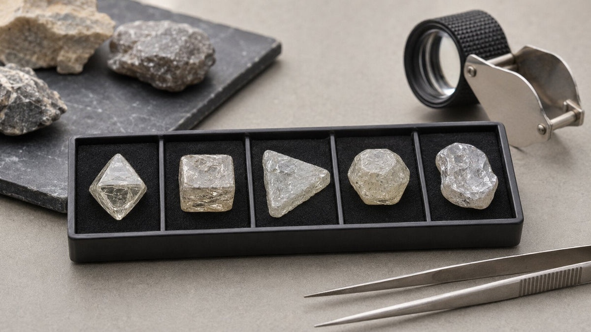 Rough diamonds in five natural crystal shapes displayed in a gemologist’s specimen tray.