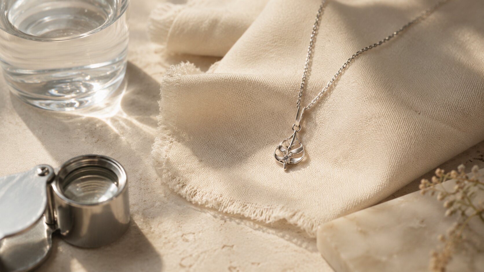 leaf-shaped diamond pendant on a cream cloth beside a jeweler’s loupe and glass of water.