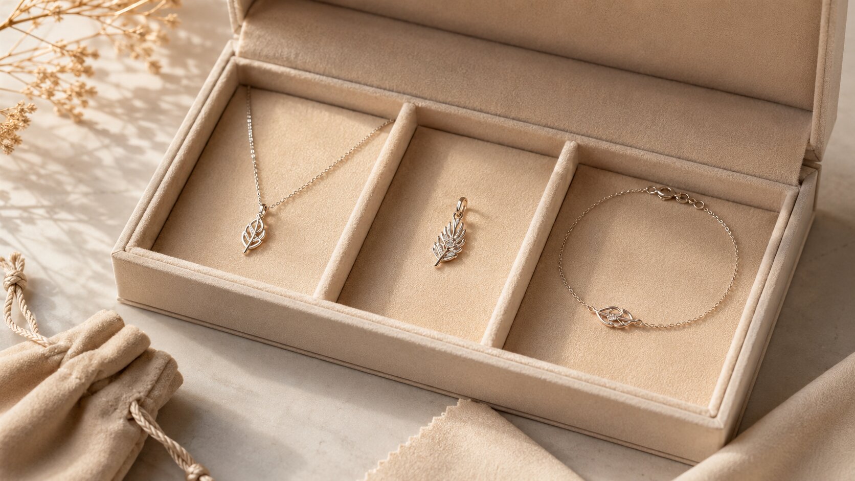 Diamond jewelry stored separately in a lined jewelry box with a soft pouch and polishing cloth