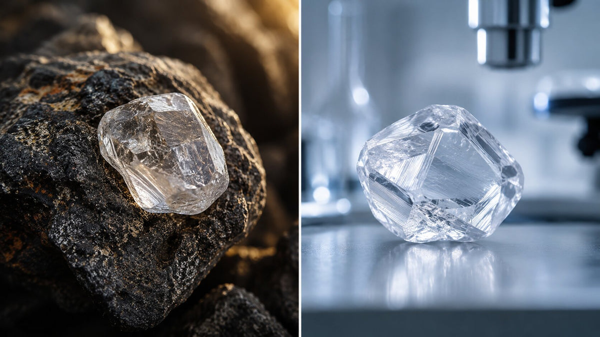 natural rough diamond in dark rock beside a lab-grown diamond in a modern laboratory