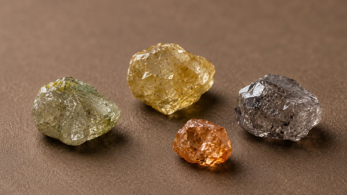 Natural rough diamonds in green, yellow, gray and orange tones