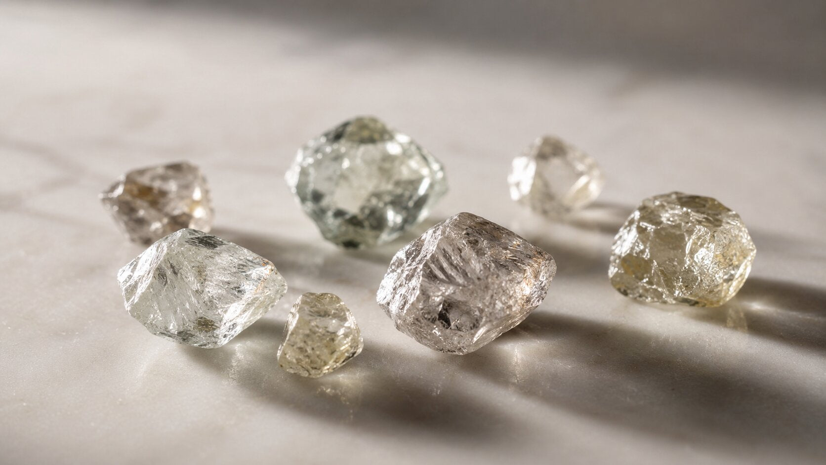 Raw uncut diamonds arranged on a smooth neutral surface in soft natural light. 