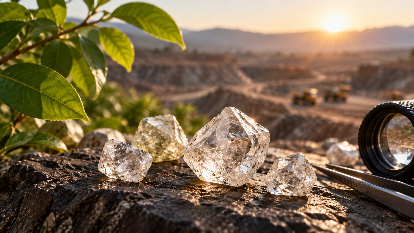 rough diamonds beside a jeweler’s loupe and tweezers, with a diamond mine in the background.