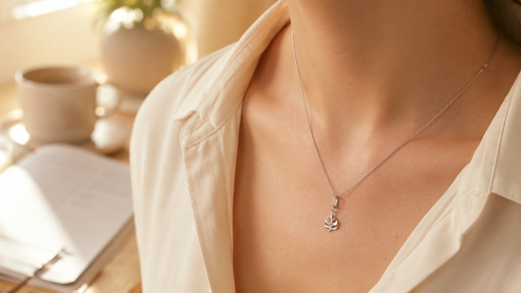 Close-up of a woman wearing a Bohdi leaf diamond pendant necklace, with a softly blurred planner and coffee cup in the background.